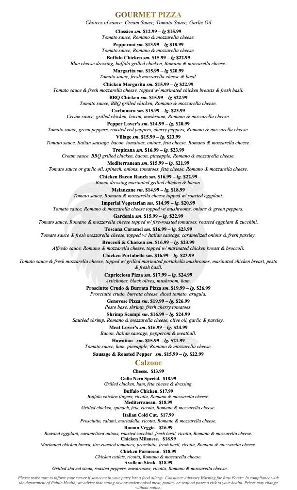 Menu featuring gourmet pizzas and calzones with diverse toppings and sauces.