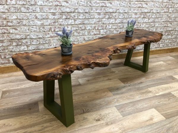 Burr Elm Coffee Table with Olive Green Base