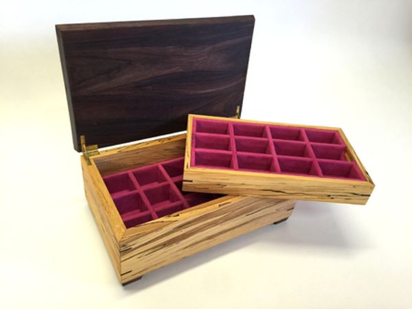 Jewellery Box Made from Spalted Beech & Indian Rosewood lined with Faux Pink Suede