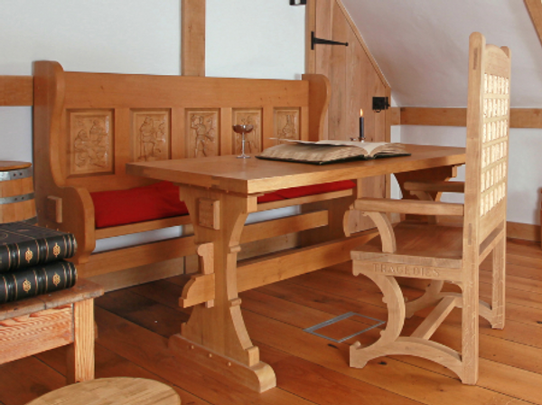 Bench Seat, Table & Chair with Carvings Made from Oak
