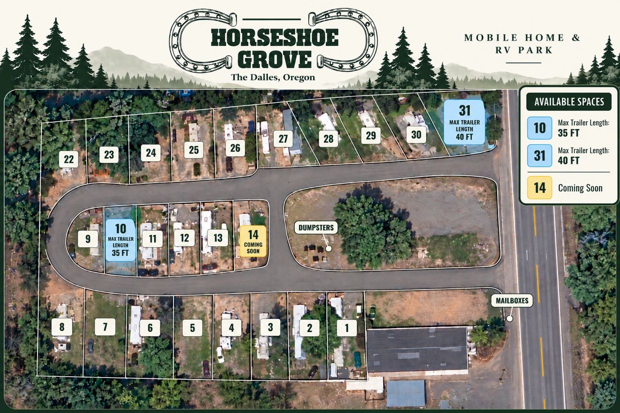 Map of Horseshoe Grove Mobile Home & RV Park in Oregon.