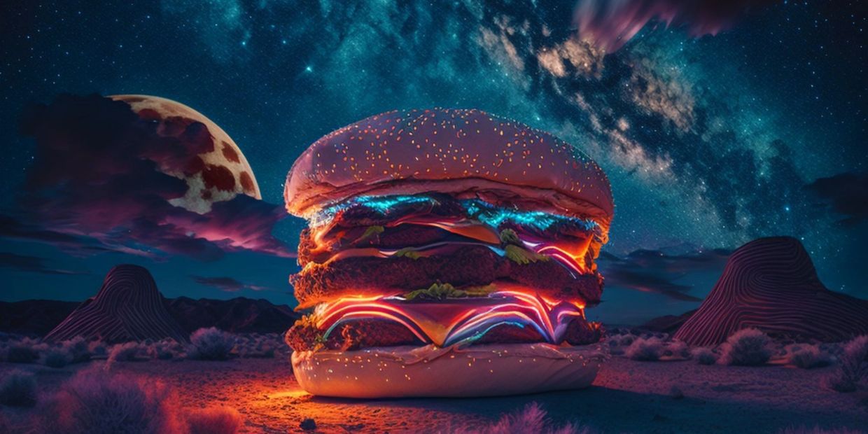 A neon themed Heavy burger against an Albuquerque desert sunset. 