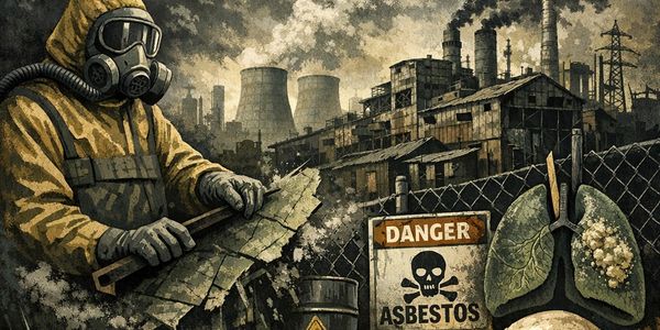 Person in protective gear handling asbestos near a toxic industrial site.