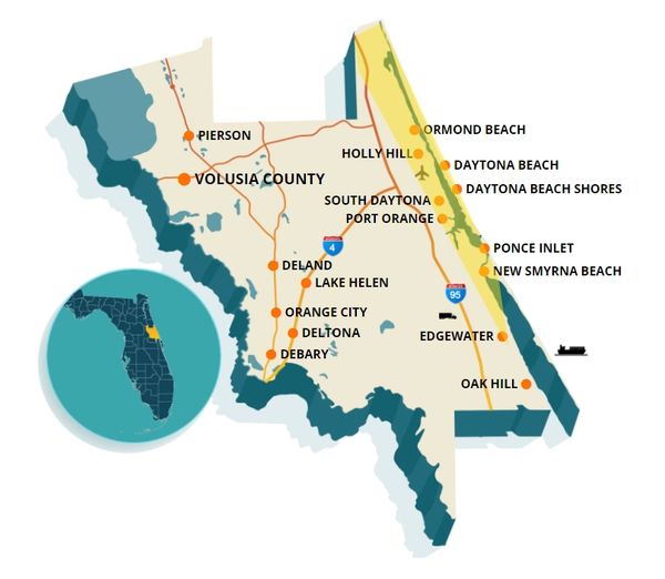 Map highlighting Volusia County and its major cities in Florida.