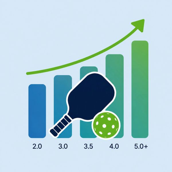 Pickleball paddle and ball with a rising bar graph showing skill levels from 2.0 to 5.0+.