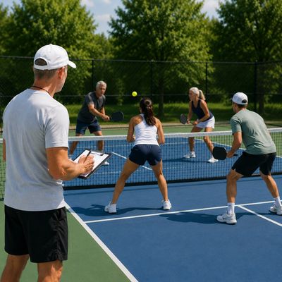 Four adults playing pickleball while a coach records the game on a clipboard.