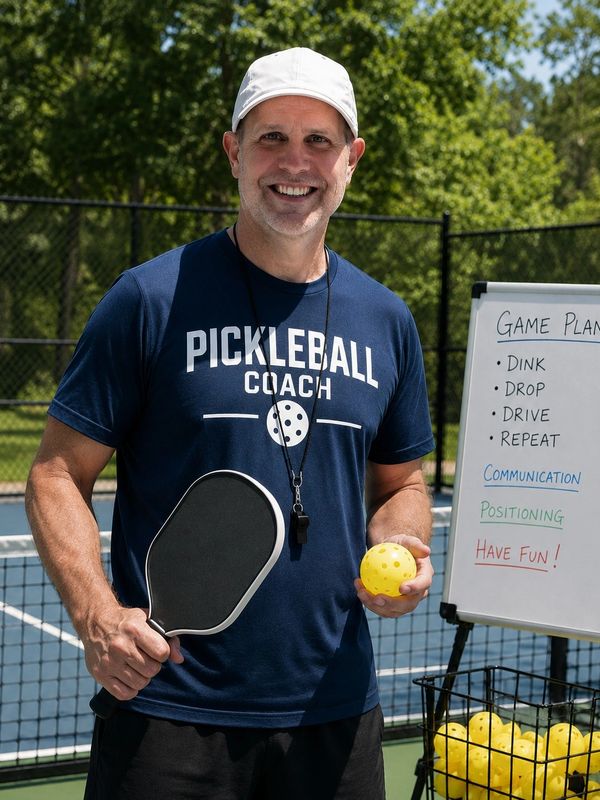 A pickleball coach holding a paddle and ball, standing next to a game plan on a whiteboard.