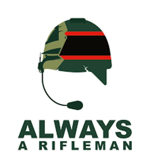 Military helmet with headset and text Always a Rifleman.