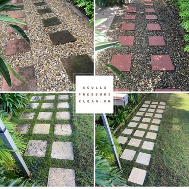Pavers in the garden that have been pressure cleaned