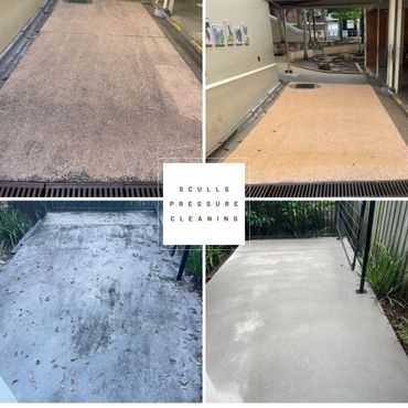 concrete that was really dirty has been pressure washed to look brand new.