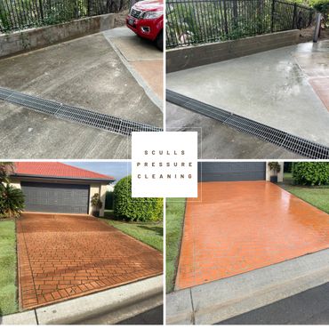 A brick and concrete driveway that was pressure cleaned