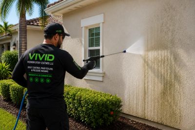 Man pressure washing a house exterior to remove dirt.