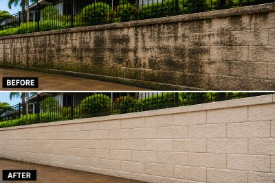 Before and after cleaning of a stained and mossy stone wall.