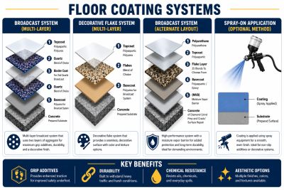 Diagram explaining different floor coating systems and their layers.
