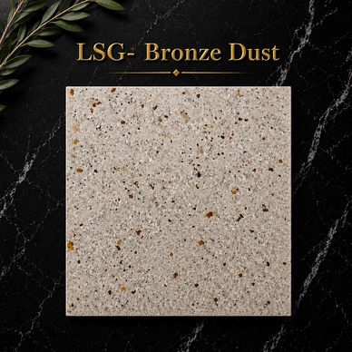 Sample tile of LSG-Bronze Dust with speckled texture on black marble background.