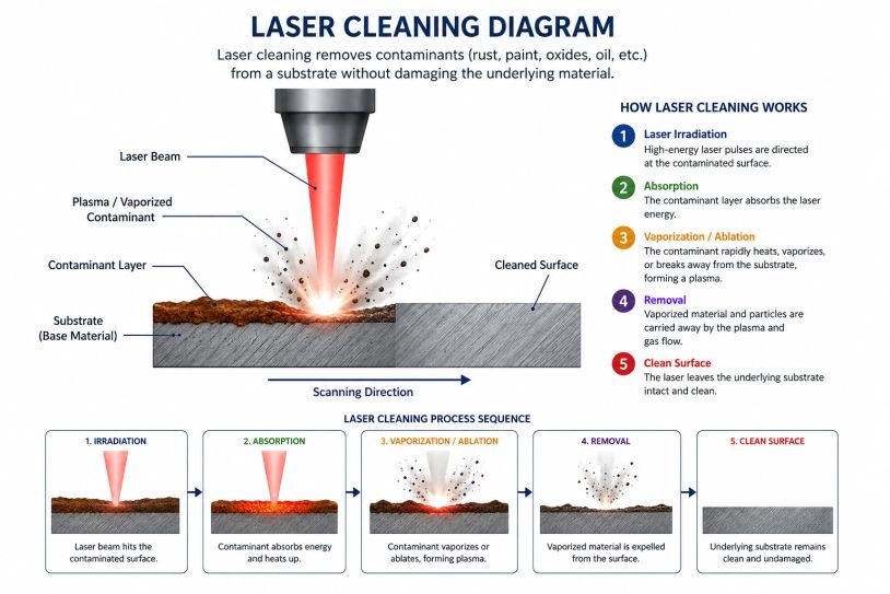 Diagram illustrating the laser cleaning process removing contaminants from a surface.