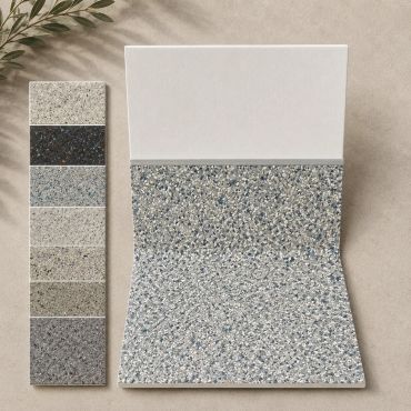Various terrazzo tile samples displayed on a beige surface.