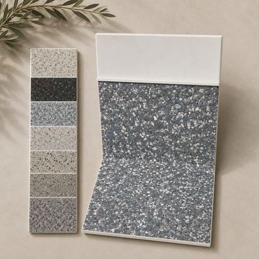 Terrazzo tile samples in various colors displayed on a beige background.