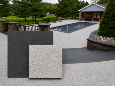 Modern backyard pool with textured concrete flooring and two sample tiles.