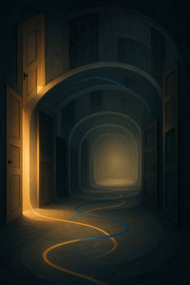 alt="a dim, spiral hallway lined with many doors, some ajar and glowing, others shut and dark.