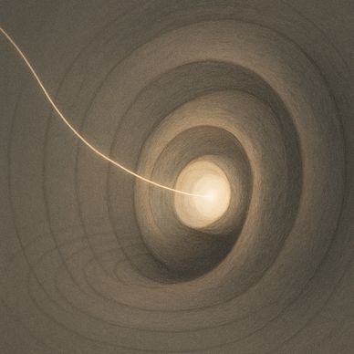alt="Narrow golden filament spirals inward through gray tunnel toward bright opening evoking memory"