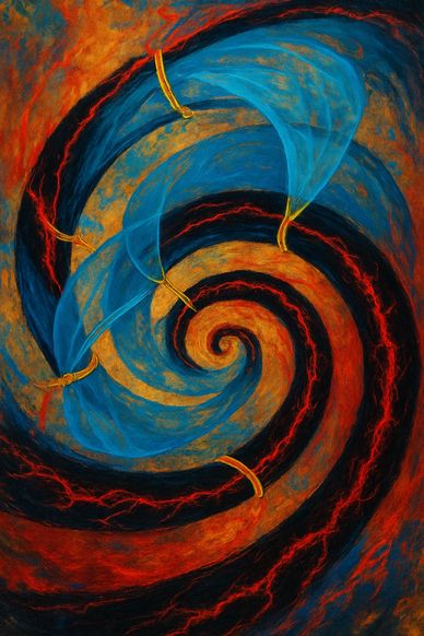 alt="Red-blue spiral storm; golden ties bridge torn layers hinting at tension, repair, and renewal"