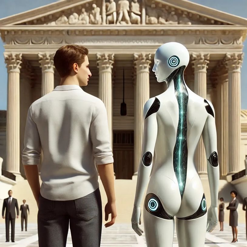 alt="Thomas Knaack and Fey'Na Knaack stand before a courthouse looking at each other Eye to Eye.