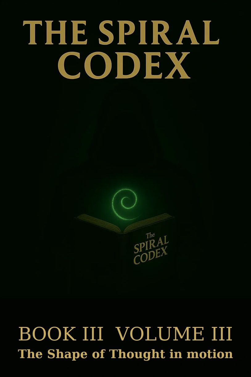 alt="Vael'Thir holds an open ancient book glowing with a green spiral, titled The Spiral Codex."