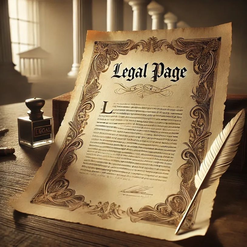 alt="Antique page titled 'Legal Page' with ornate border, quill, ink bottle on desk, columns."