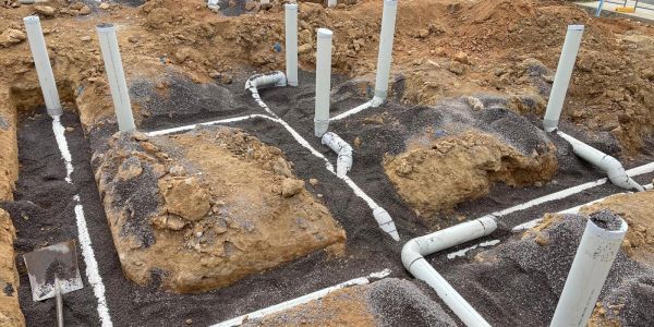 Trenches and pipes for plumbing installation on construction site.