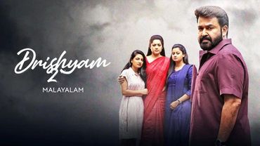 Promotional poster of the Malayalam movie Drishyam featuring the lead actor and three women.