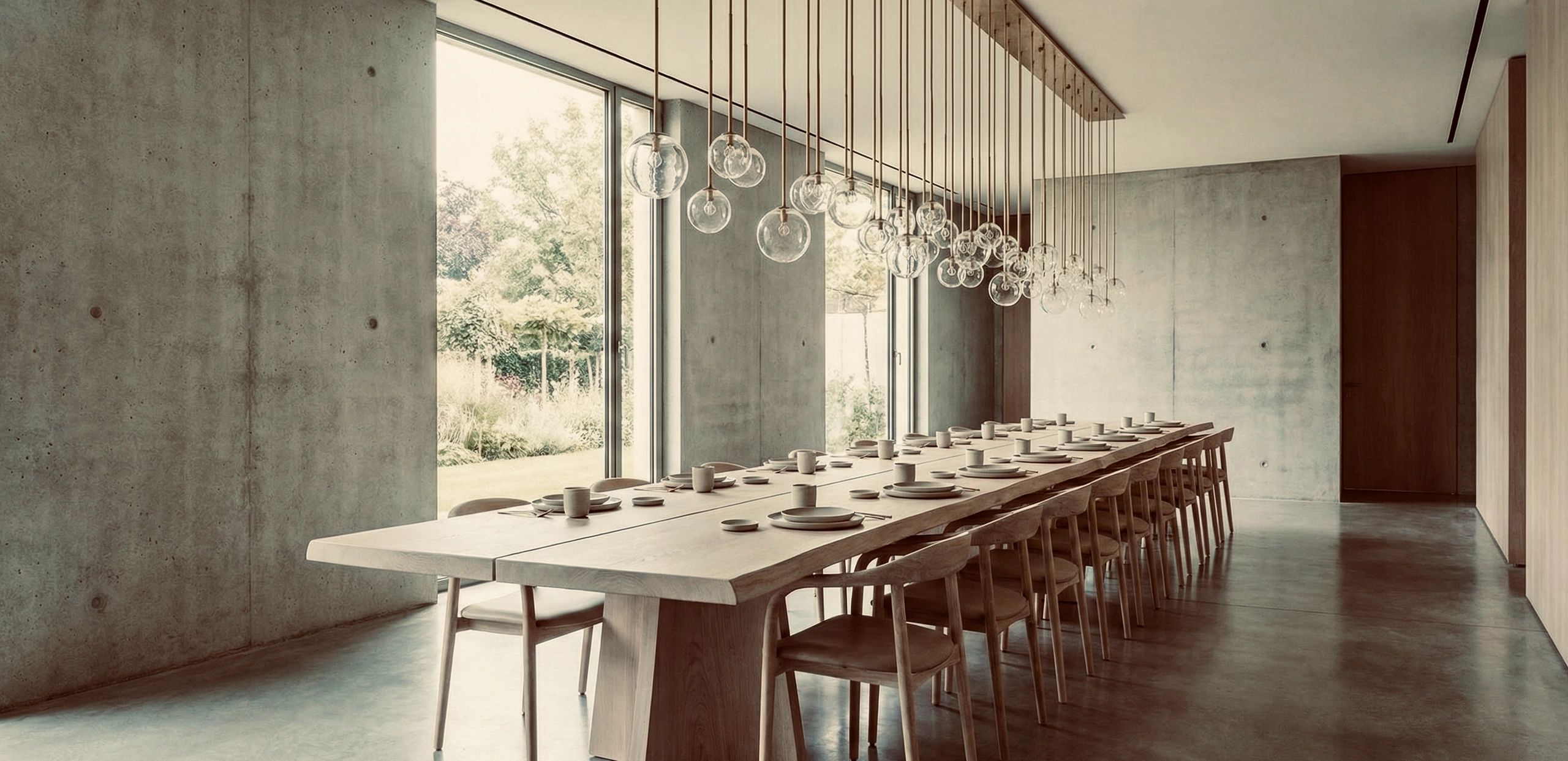 Elegant, yet minimalist dining hall with well suited light fitting