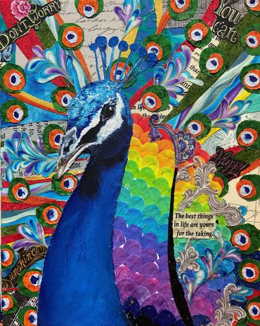 HAPPY PEACOCK
Fabric and Acrylic 
14" x 11"
$145.00
PRINTS AVAILABLE