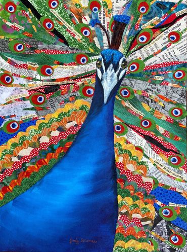 SPIKE THE PEACOCK
Fabric and Acrylic 
24" X 18"
ORIGINAL - SOLD
PRINTS AVAILABLE
