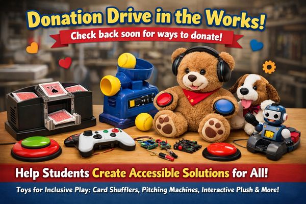 Accessible toy donation drive preview featuring adapted toys, large switch buttons, and interactive