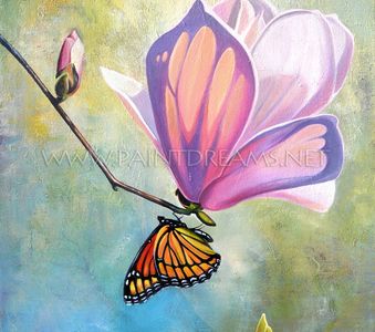 Laura V. Rodriguez, Lets Fly Away, Butterfly on a Magnolia flower painting. Being transformed.