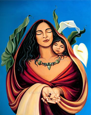 Mother and Child Painting by Laura V. Rodriguez, Seeds of Love, Woman with Calla lilies and Child