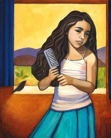 Laura V. Rodriguez, Girl combing her curly hair in front of a window.  A little bird is beside her.