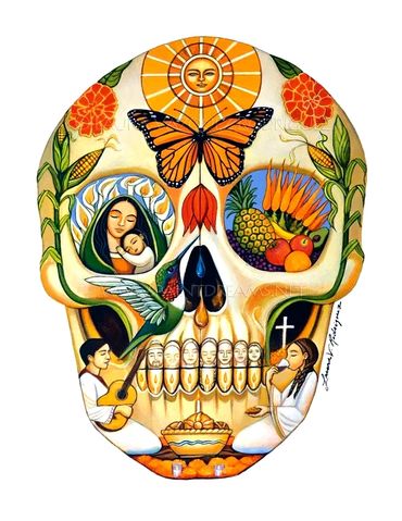 Dia de Los Muertos Story.  Day of the Dead Skull with a hummingbird.