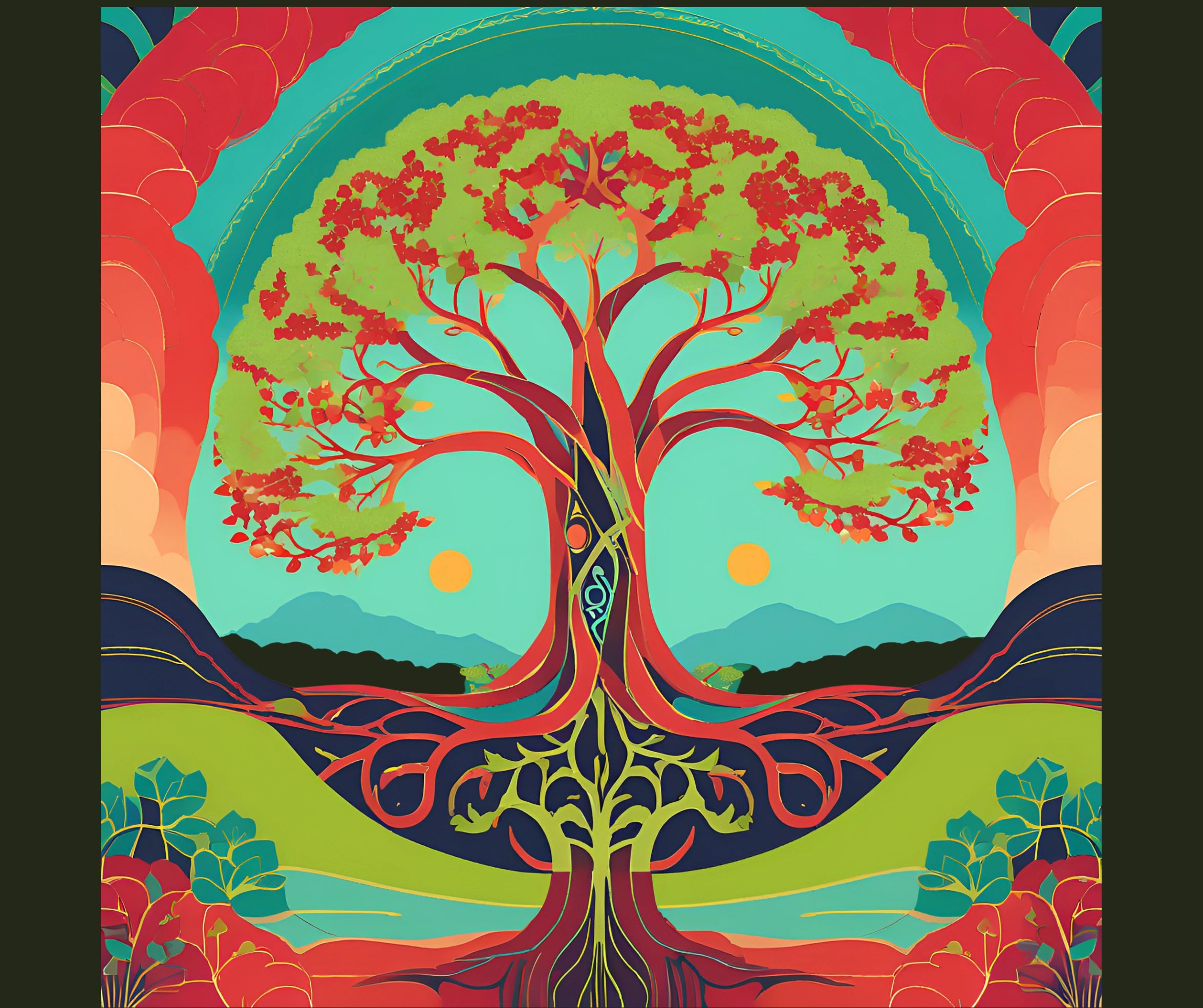 Colorful, stylized tree with vibrant roots and branches in a surreal landscape.