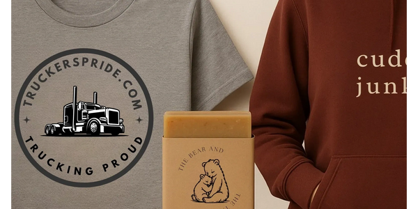 A grey t-shirt with a truck logo, a bar of soap with bears, and a person in a brown hoodie.