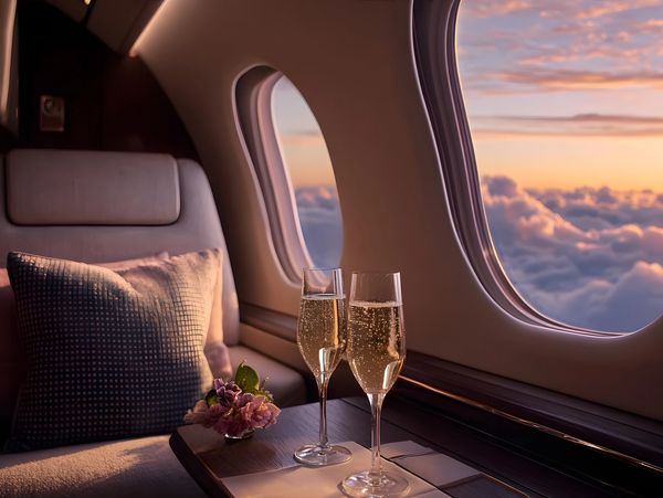 Two champagne glasses on a table inside a luxurious airplane during sunset.