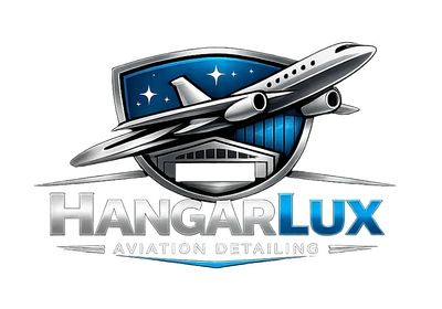 Logo featuring an airplane and hangar with the text HangarLux Aviation Detailing.