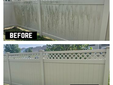 Before and after cleaning of a vinyl fence showing removal of dirt and stains.