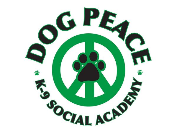 Logo featuring a green peace symbol with a black dog paw and text about dog social academy.