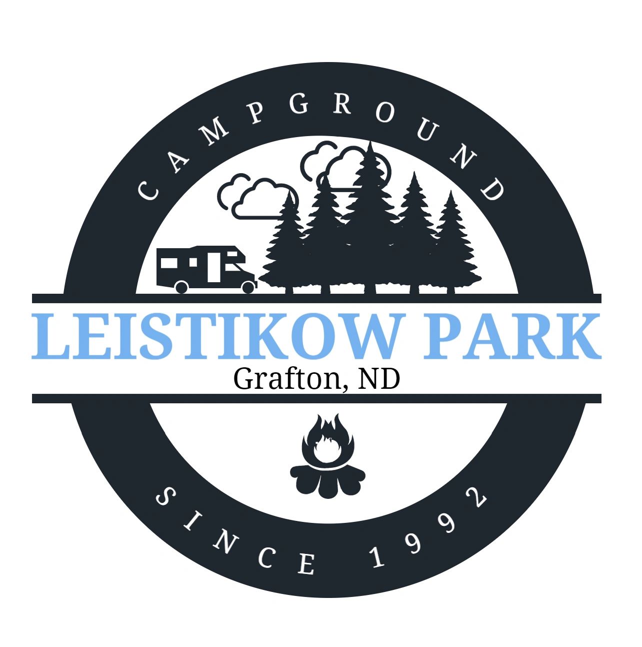 Leistikow Park Campground Grafton, ND Logo. Established 1992 by Grafton Parks and Recreation.

