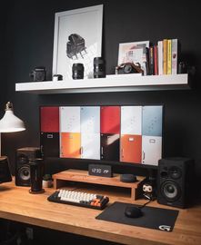 Office Workspace Setup Computer Monitor Speakers Mouse Keyboard Alarm clock
