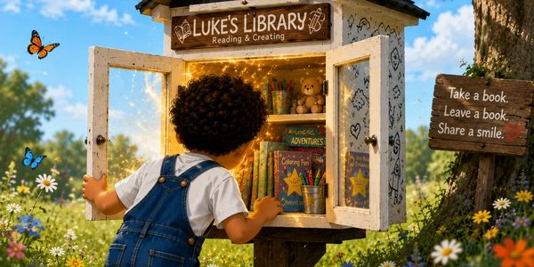 A child explores Luke's Library, a charming little free book exchange in a garden.