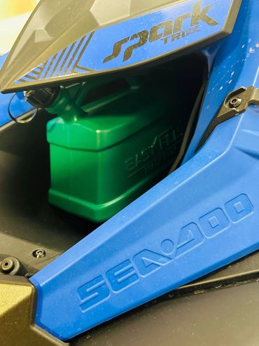 Easyfill fuel can stowed safely in a Seadoo jetski hold  -  no spills, no smells, just ready for the