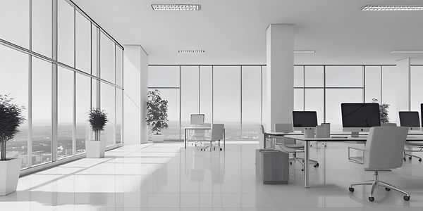 Modern office space with large windows and minimalist design.